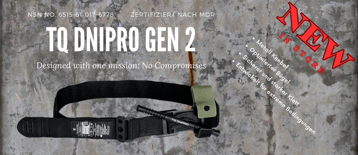 TQ Dnipro GEN2 ist ein Abbindesystem für kritische Blutungen an den Extremitäten welches getestet ist selbst in extremen Situationen. 1000-fach im Einsatz getestet und selbst vom Ranger-Magazin als Testsieger unter den bekannten Tourniquets hervorgegangen. Jetzt im Shop von TAC Company erhältlich, kaufe das TQ Dnipro bei deinem Fachhändler für Taktische Medizin.